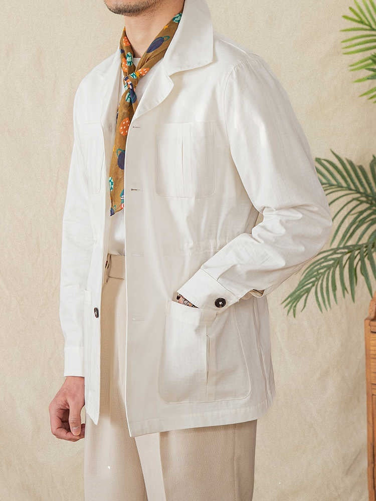 Casual Light Thin Cotton Drawstring Jacket Cuban Collar Plaid Coat