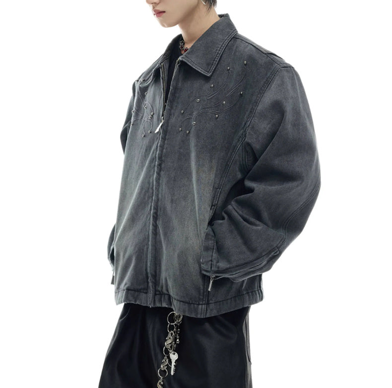 Heavy Retro Washed Rivet Backbone Denim Coat