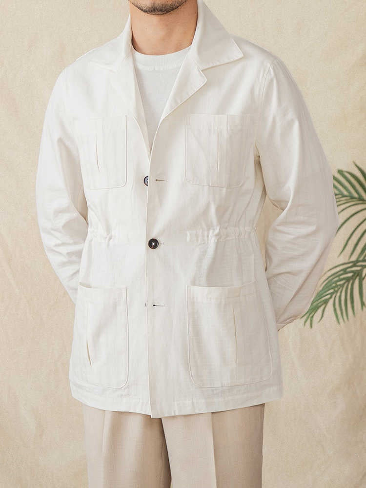 Casual Light Thin Cotton Drawstring Jacket Cuban Collar Plaid Coat
