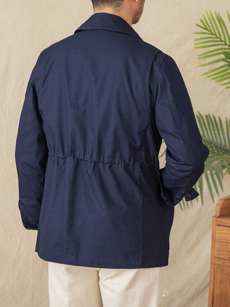 Casual Light Thin Cotton Drawstring Jacket Cuban Collar Plaid Coat