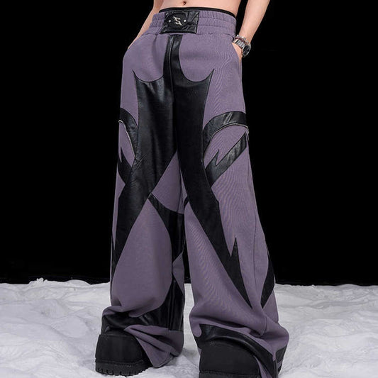 High-grade Heavy Leather Patchwork Casual Pants Men's Waist LOGO Loose Straight Sweatpants